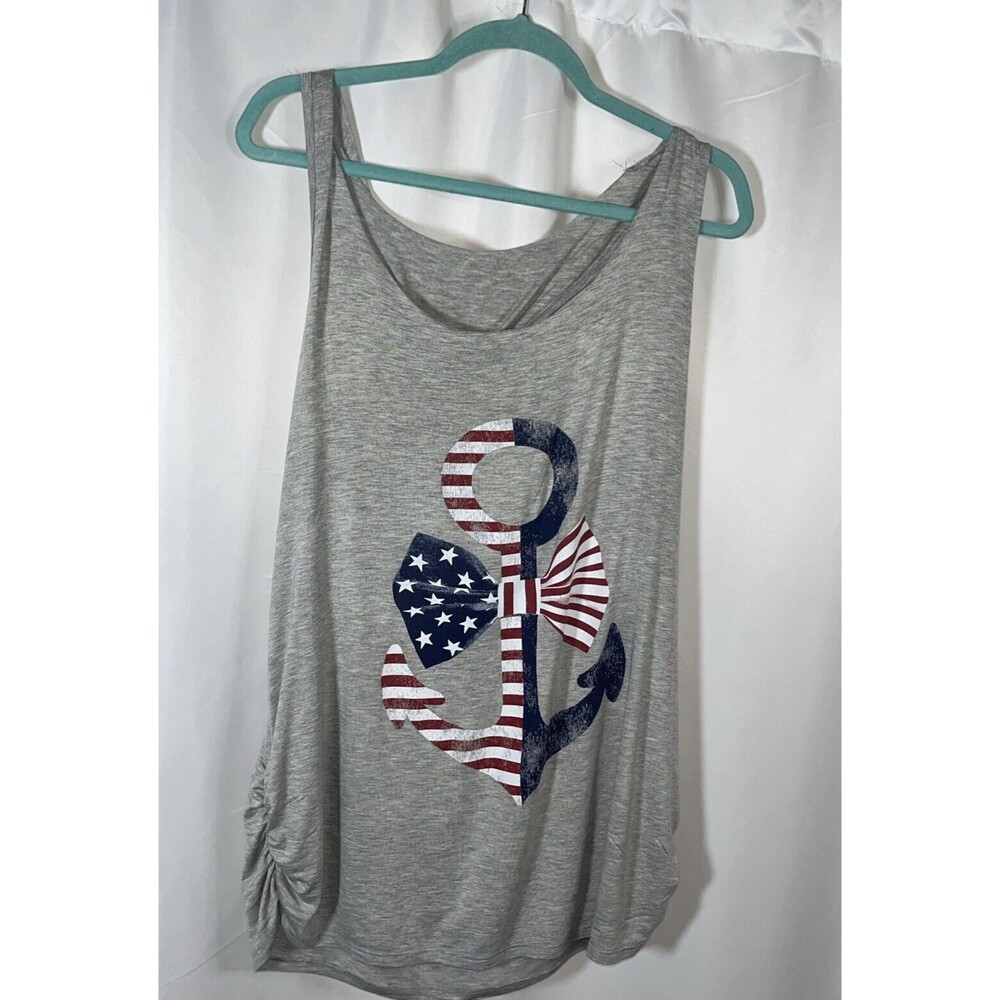 2X Tree Kisses Fourth Of July Anchor  American Flag Gray Racerback Woman Tank